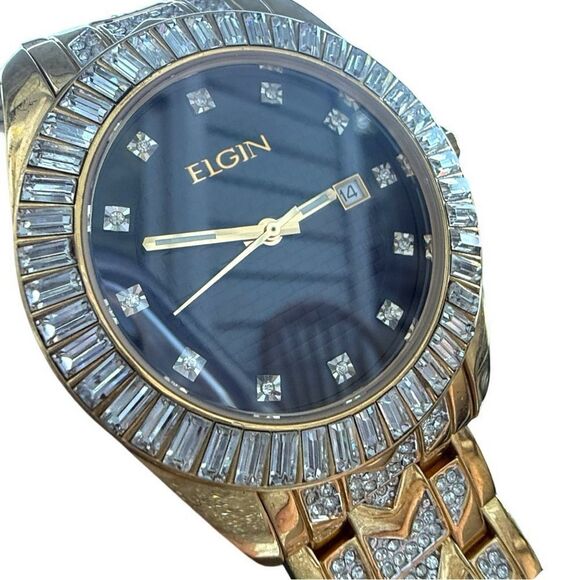 Elgin Gold Tone Watch with Crystal Accents & Black Dial – Needs Battery - Picture 8 of 17